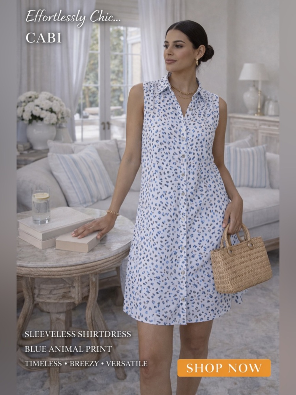 CAbi Sleeveless Shirtdress in White with Blue Animal Print